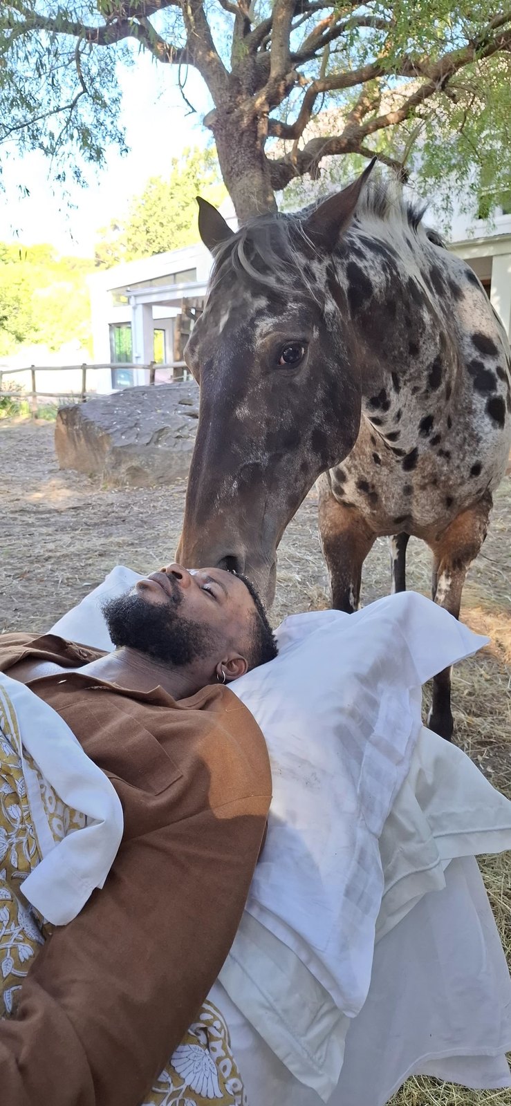 A horse lowering its head to a person resting on the bed